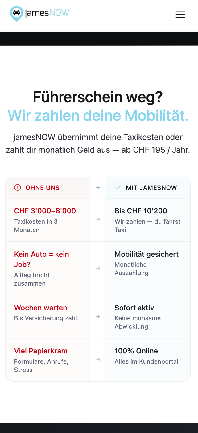 Vorteile-Bereich der jamesNOW Website (mobile Ansicht)